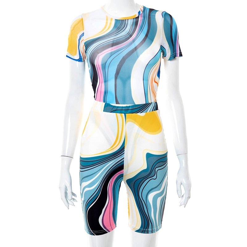 Mesh See-Through Bodysuit Leggings Shorts Two Pieces Sets Printed Women Sexy Stretch Slim Short Sleeve Soft Rompers 2021 Summer