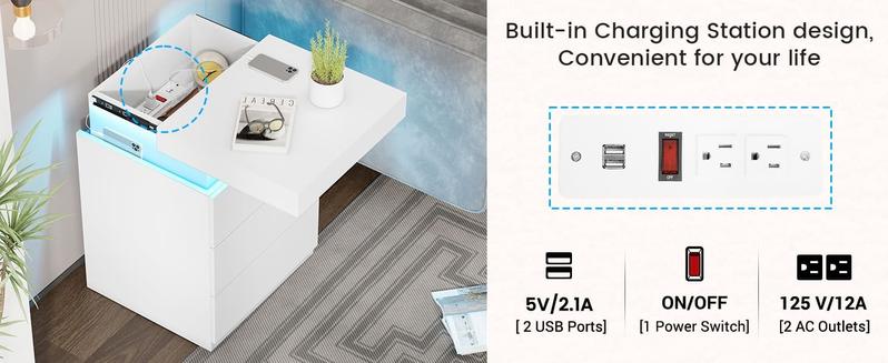 Product Introduction of Sikaic Nightstand With Sliding Top Charging Station And LED Lights Furniture Bedroom Modern Design Bedside Table Drawer Home 3