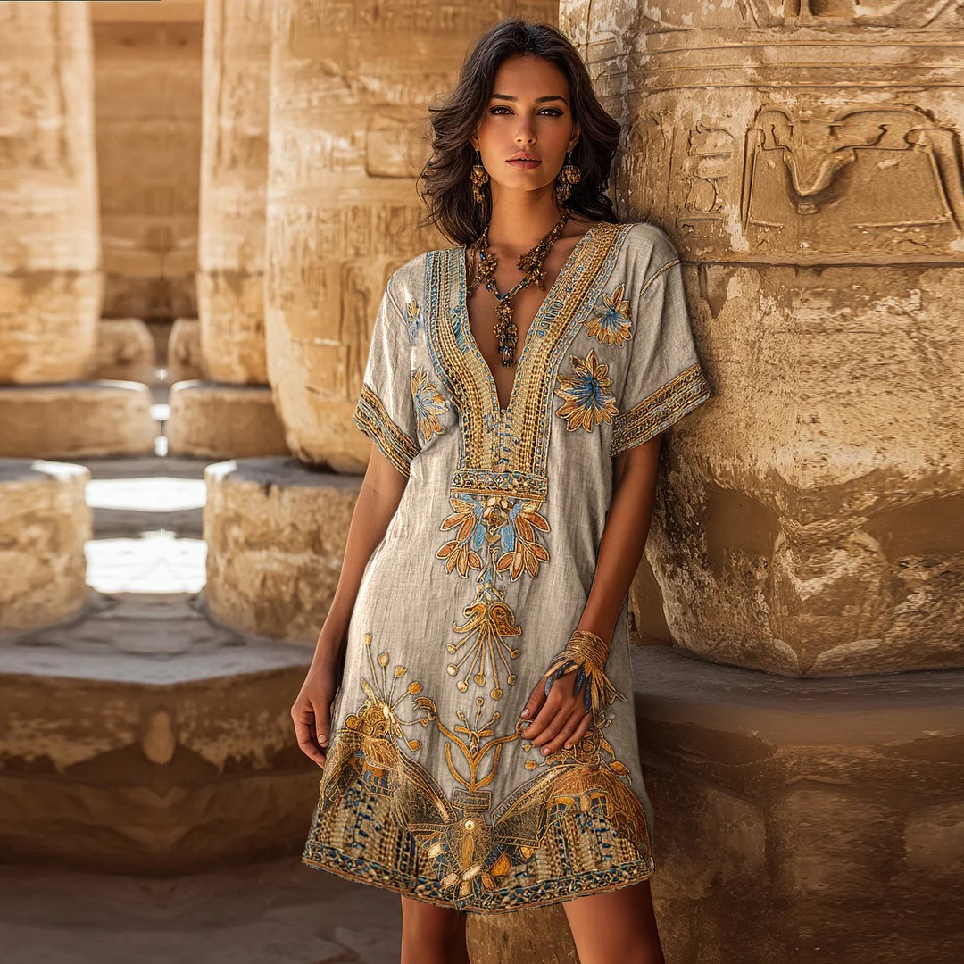 Women's Vintage Egyptian Floral Embroidery Art Casual V Neck  Linen Dress