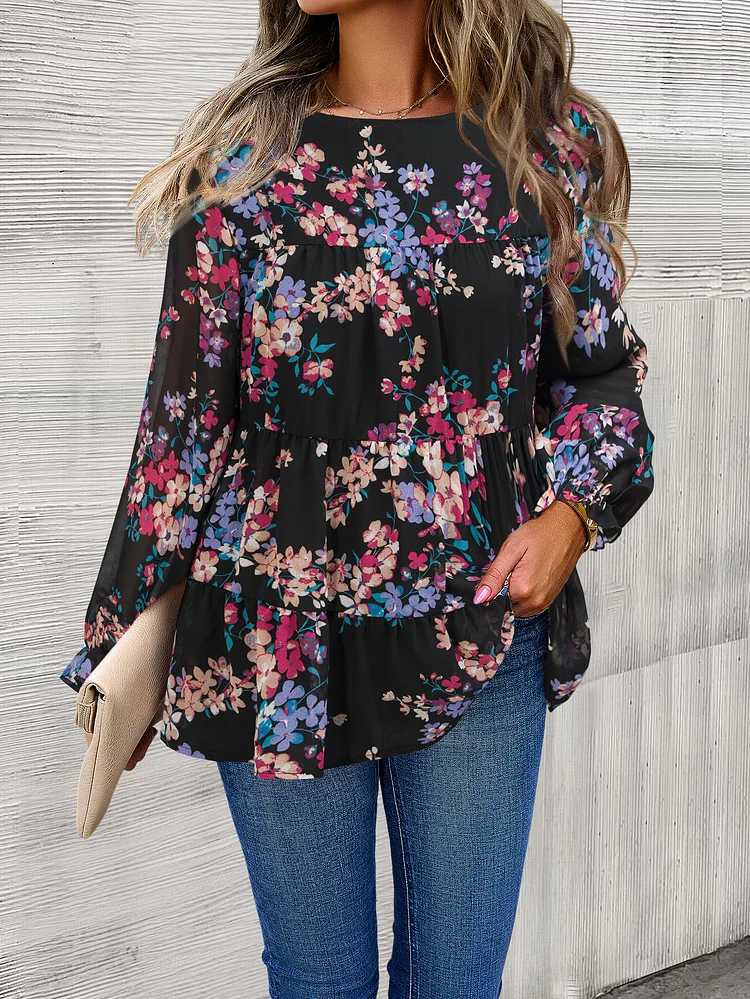 Women's 2024 Chiffon Floral Shirt Long Sleeve Flower Boho Blouse