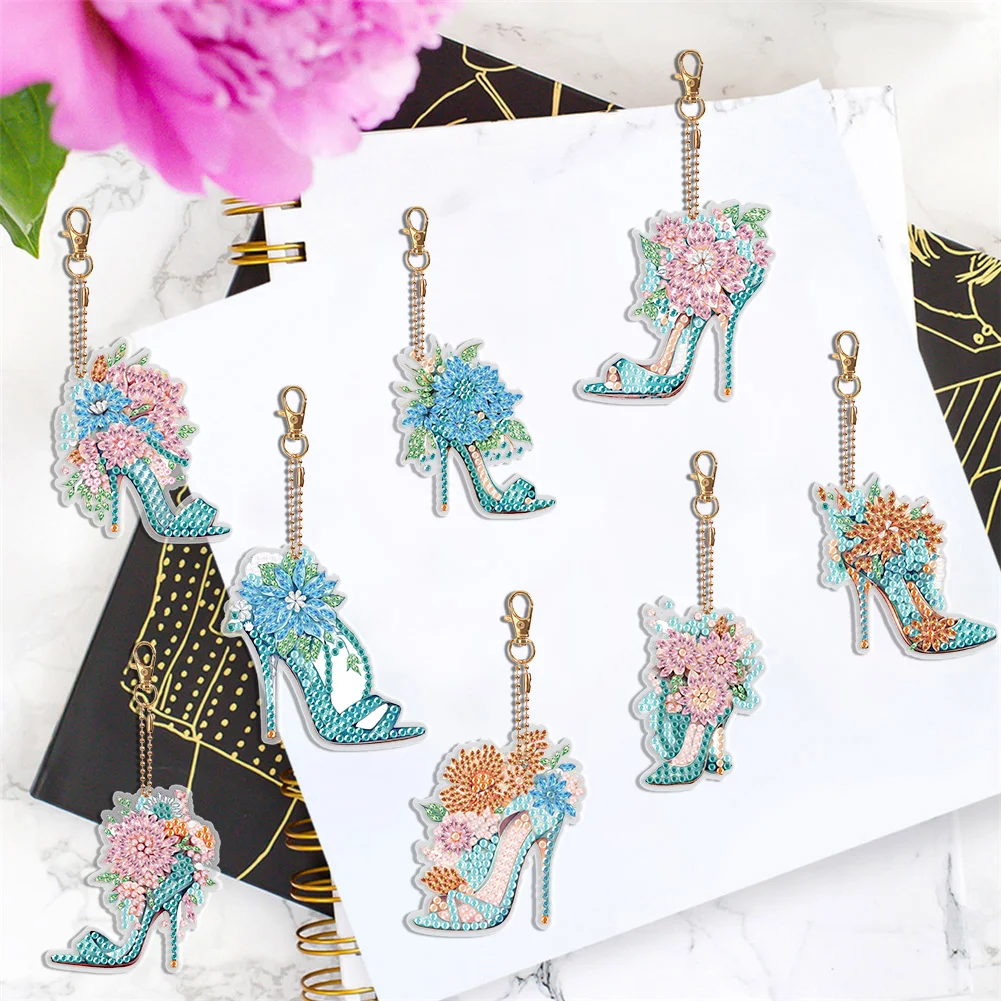 8pcs DIY Flower High Heels Diamond Keychains Pendant Double Sided Diamond Art Keychains