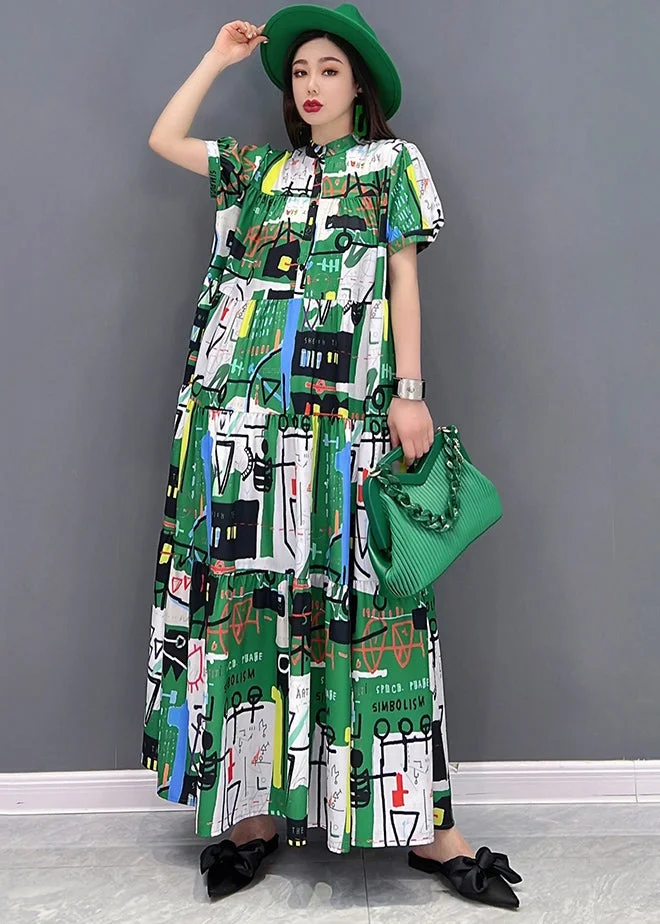 Casual Green Stand Collar Patchwork Exra Large Hem Print Chiffon Maxi Dress Short Sleeve