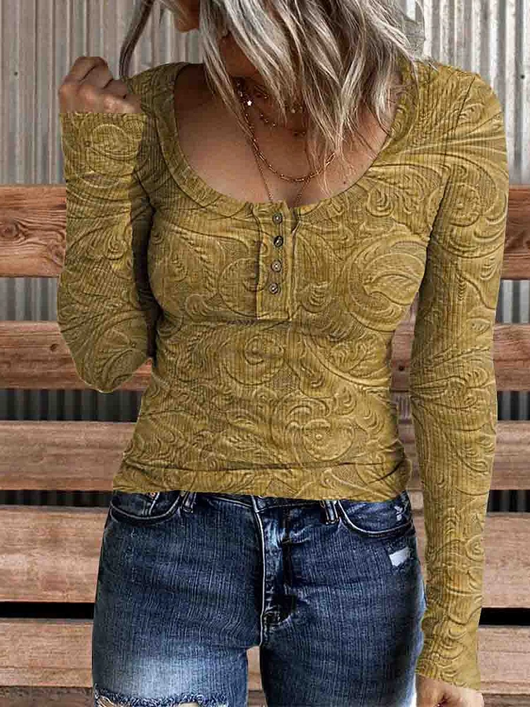 Women's Vintage Floral Print Casual Long Sleeve Comfortable Cotton Henley Top