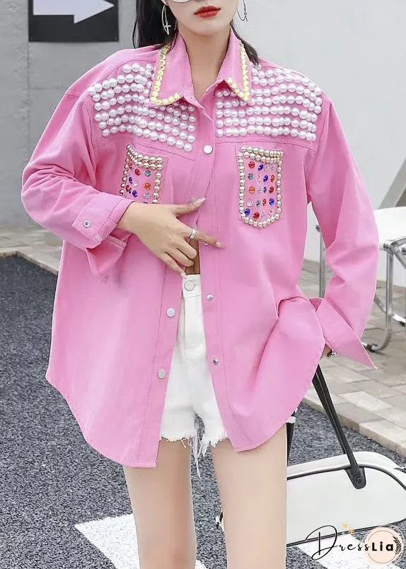 Organic Pink Peter Pan Collar Nail Bead Zircon Patchwork Denim Blouses Long Sleeve