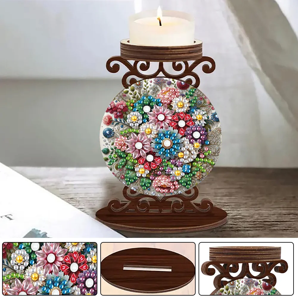 Wooden Diamond Painting Candle Holder Rhinestone Candlestick Decor (Flower)