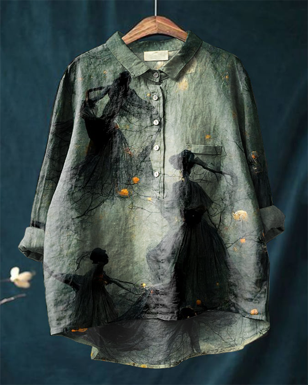 Halloween Witch Art Cotton and Linen Casual Shirt