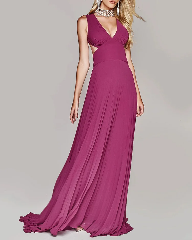 Elegant Solid Color V-neck Cutout Dress