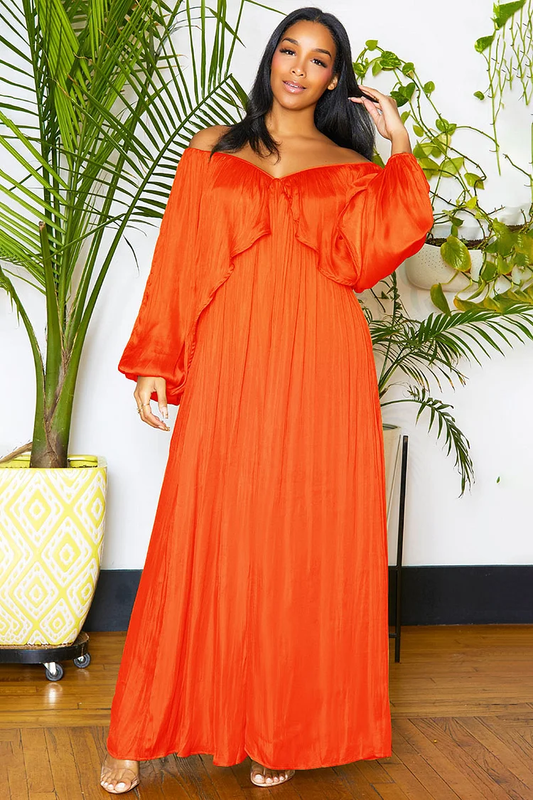 Irregular Neck Off Shoulder Long Puff Sleeve Backless Pleated Vacation Maxi Dress