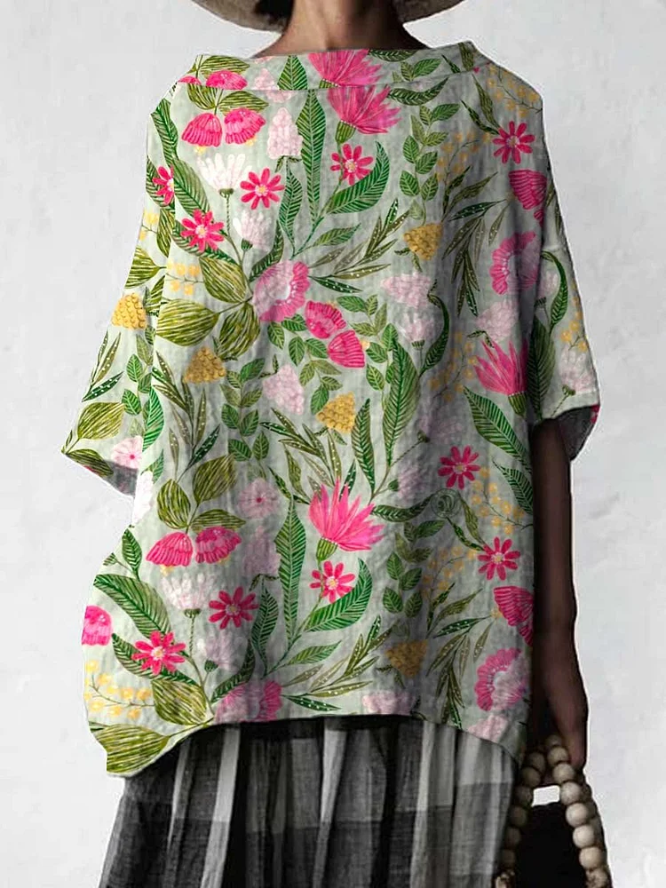 Women's Summer Elegant Simple Floral Pattern Cotton and Linen Tops