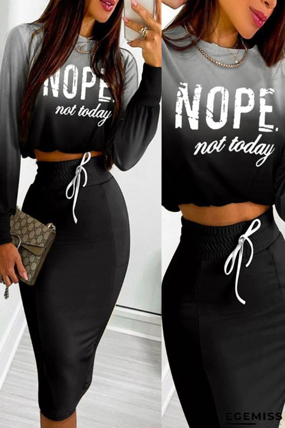 Black Casual Print Patchwork O Neck Long Sleeve Two Pieces | EGEMISS