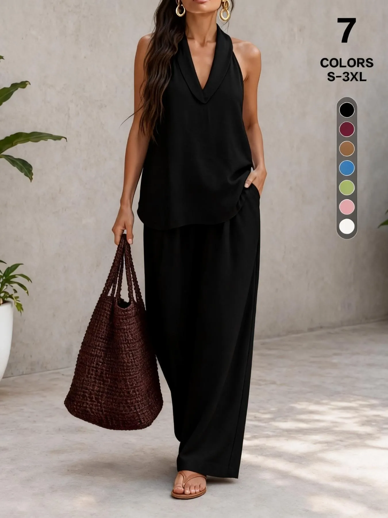 Comfy Chic Women's Summer Faux Linen Halter  V-Neck Top & High Waist Wide Leg Pants Set - Breathable Everyday Urban Lounge Wear for Going Out