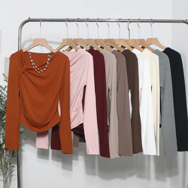 Uveng Side Bow Tie Design Folded Long-Sleeved T-Shirt Slim Thin Autumn Dress T-Shirt Short Top 1662