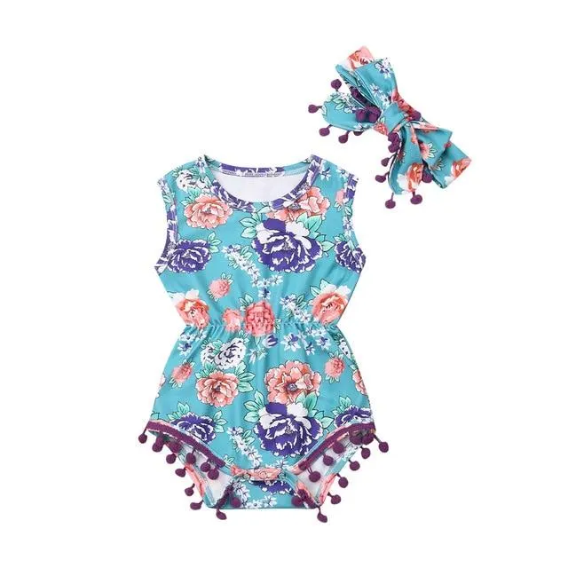 2019 Baby Summer Clothing Infant Newborn Baby Girl Boy Tassel Bodysuits Headband Pineapple Outfit Sleeveless Floral 2pc Jumpsuit