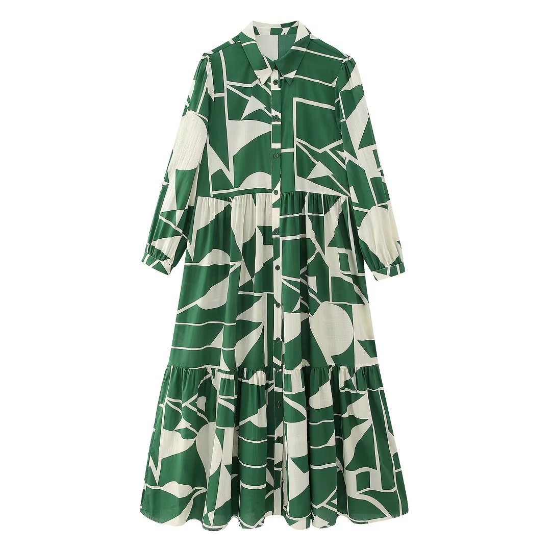 Mature Women Casual Long Sleeve Green Printed Shirt Dress