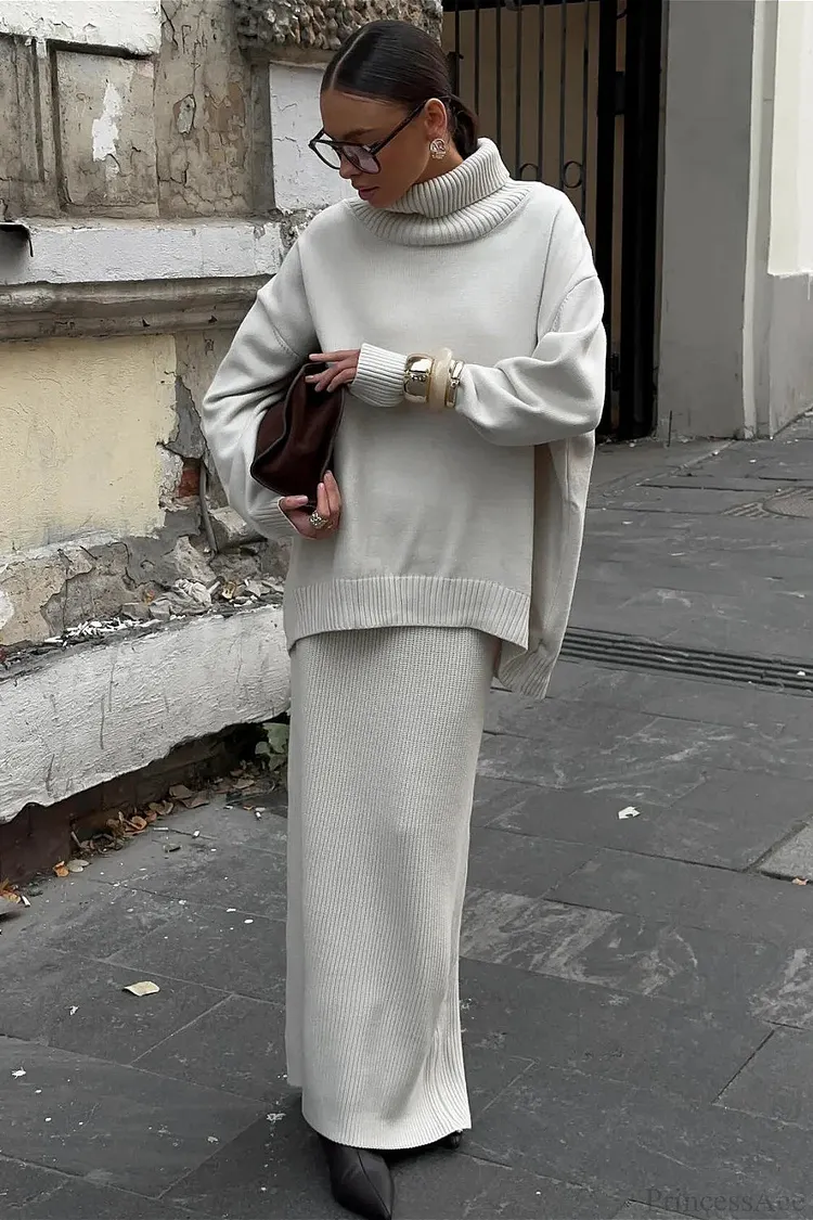 Turtleneck Knit Sweater Maxi Dress Two Piece Set
