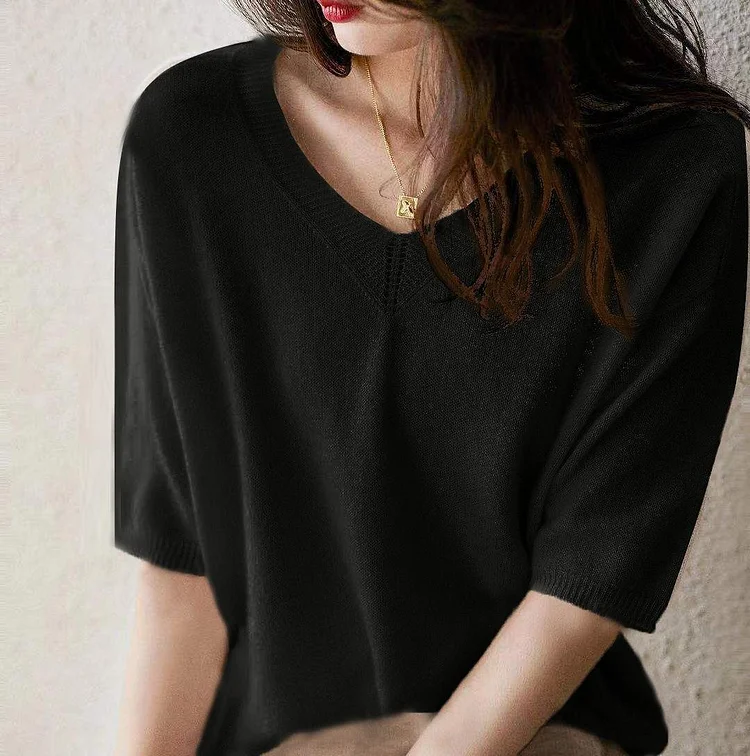 Loose Solid Color Half Sleeve Knitted Sweater - yankia