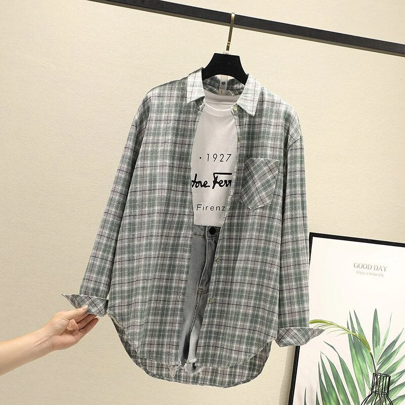Women Blouses Shirts Tunic Womens Tops 2020 Long Sleeve Clothing Button Up Down Plaid New Fashion Autumn Turn-down Collar Good