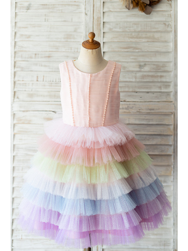 Oknass Ball Gown Sleeveless Jewel Neck Flower Girl Dresses Tulle  With Bow Pearls