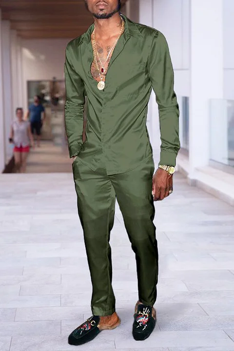 Tiboyz Men's Outfits Fashion Solid Color Shirt And Trousers Two Piece Set