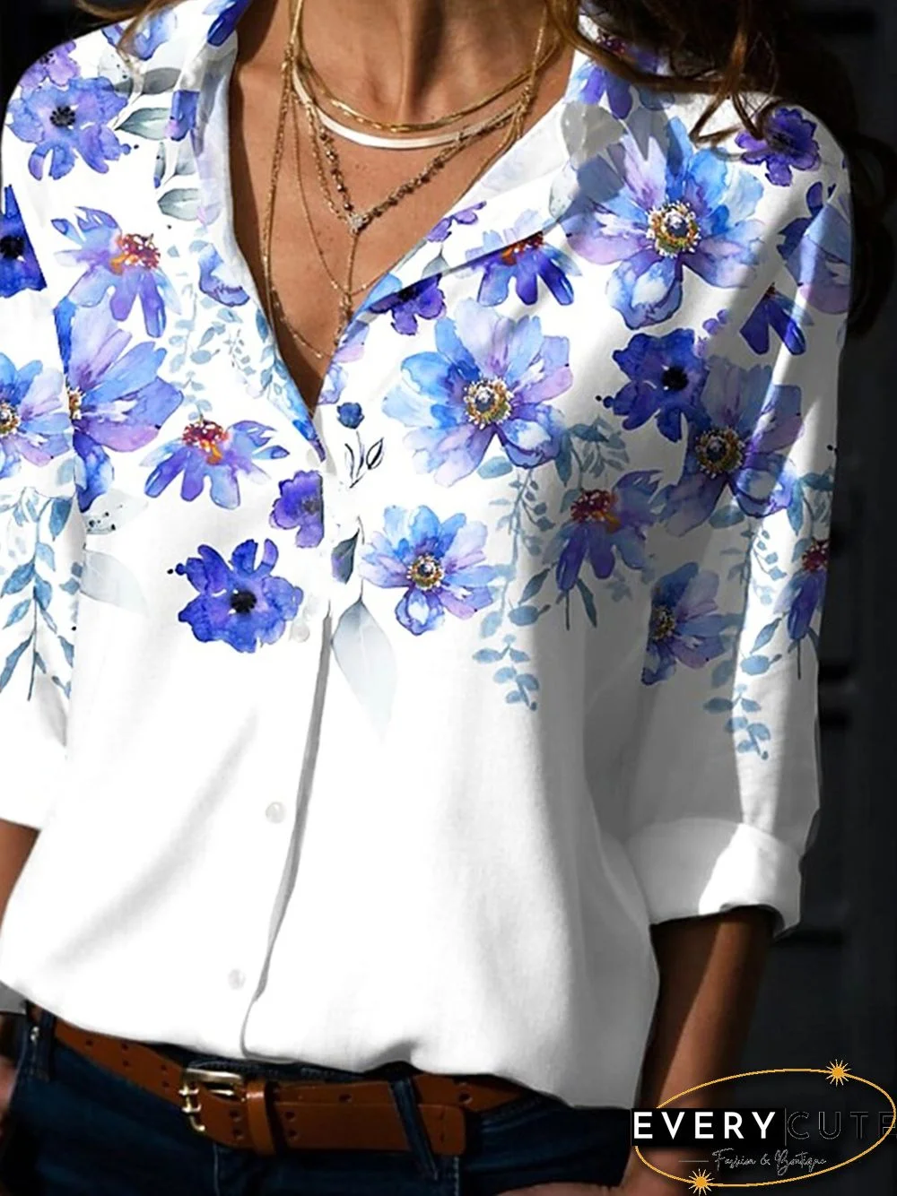 Floral Casual Buttoned Shirt Collar Long Sleeve Loosen Blouse