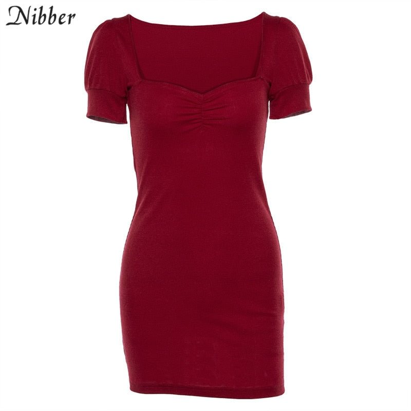 Nibber women fashion red Ribbed Knitted Preppy Style party dress 2019 spring new Basic lady High waist Slim Elegant wild Dress