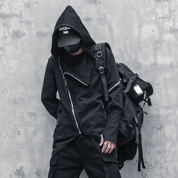 Dark Asymmetric Design Coat Gothic Windbreaker High Street Assassin Hooded Oblique Zipper  Jacket-dark style-men's clothing-halloween