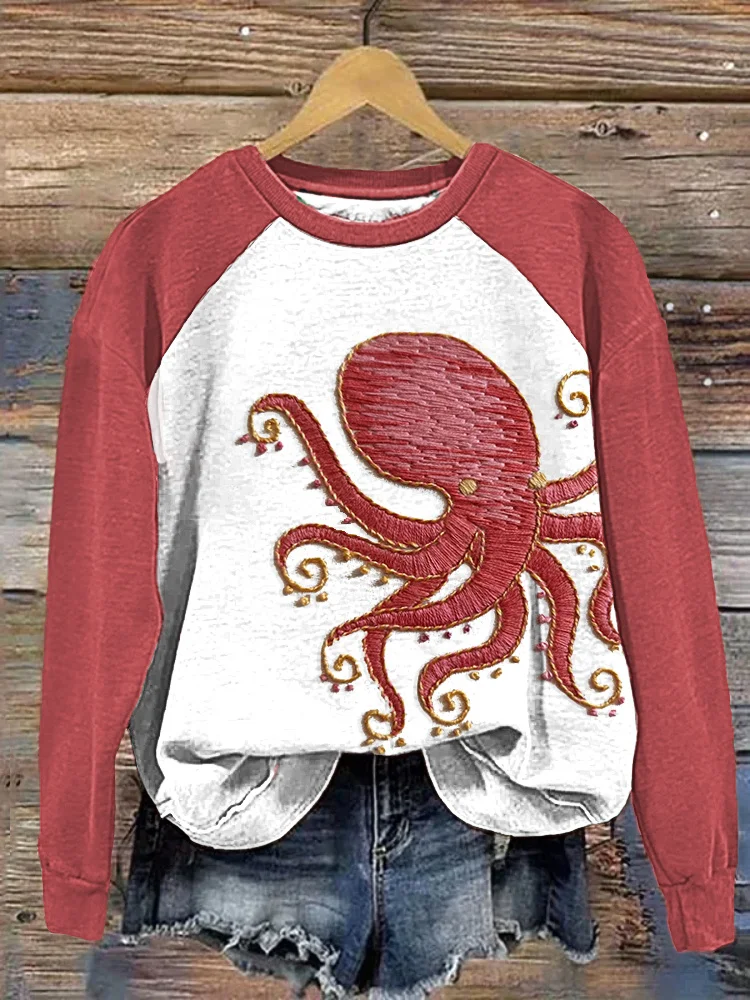 Octopus Embroidery Pattern Casual Cozy Sweatshirt
