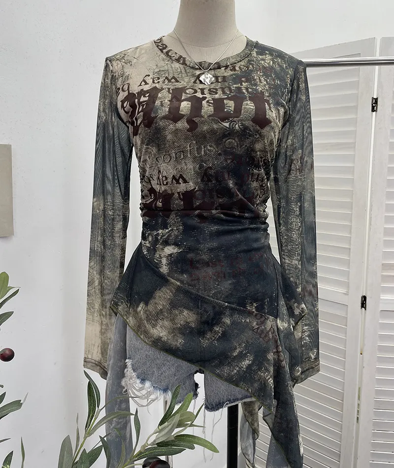 Uveng Real Shooting Babes Long Sleeves And Jersey Net Yarn Dye Printing Irregular Lotus Leaf Edge Ribbon Folding Top 9998
