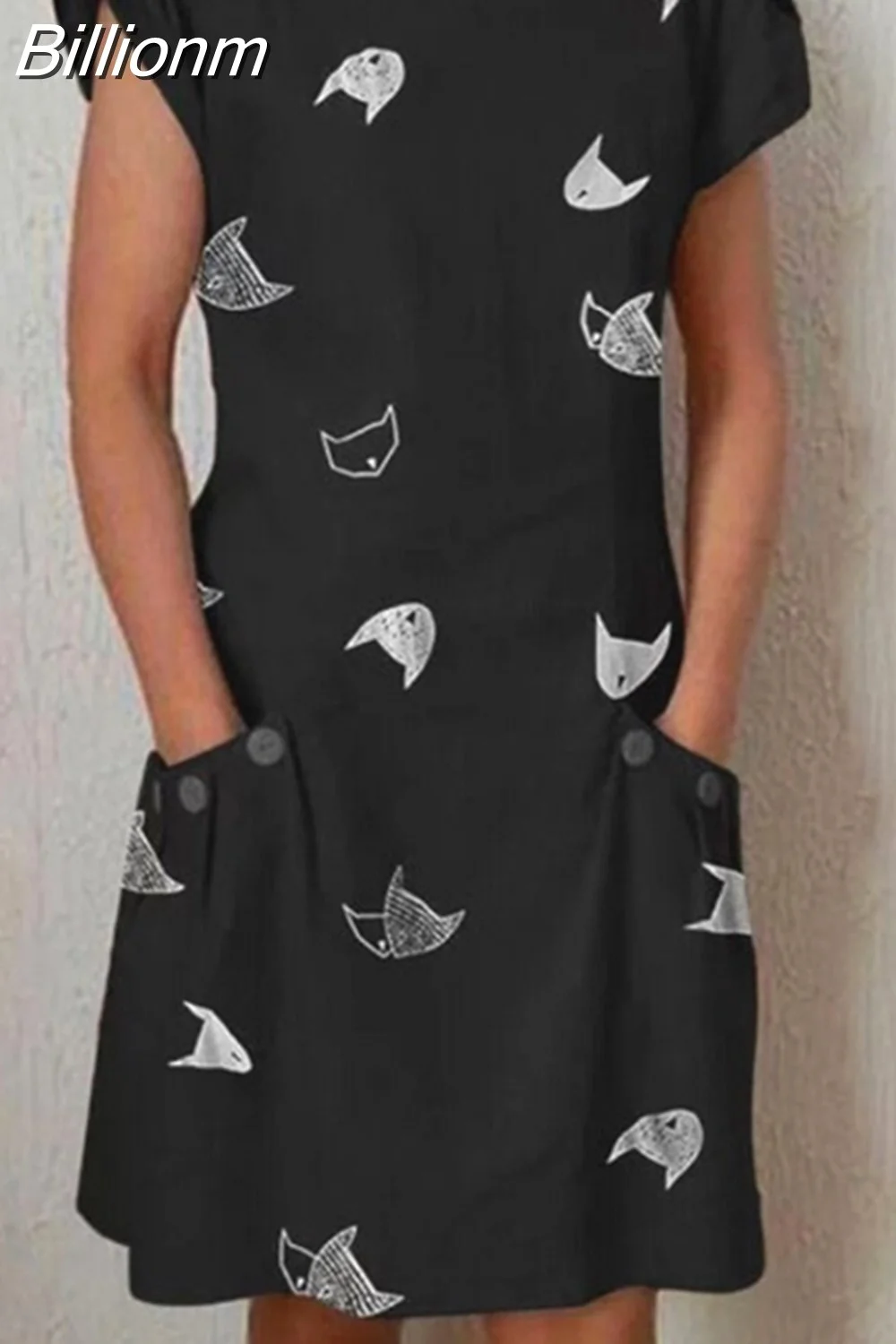 Billionm Color Button O Neck Cotton Linen Summer Dress Women Vintage Short Sleeve Pocket Knee Dress Casual Loose Plus Size Dresses