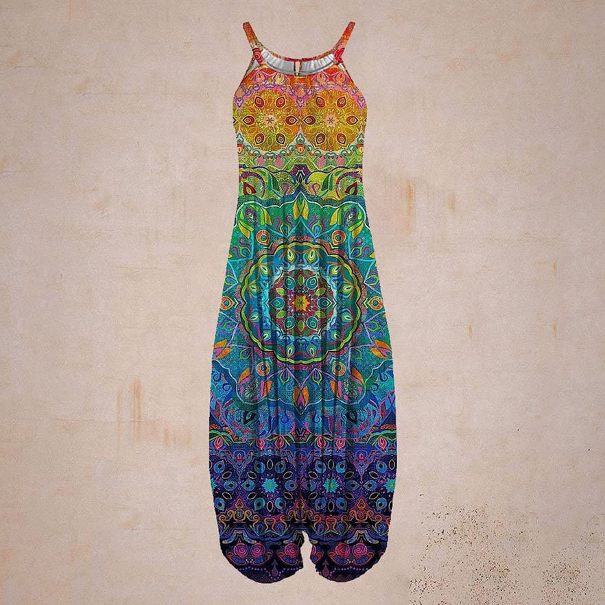 Women Retro Colorful Pattern Print Sleeveless Harem Jumpsuit