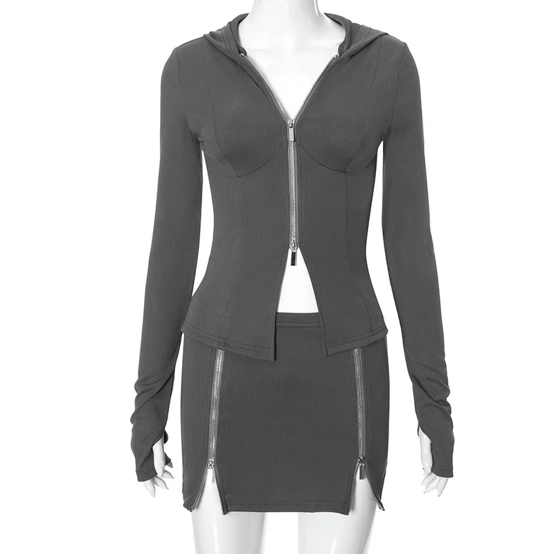Uveng Uveng Women's Autumn New Fashion Umbilical Zipper Round Collar Long-Sleeved Ass Skirt Set