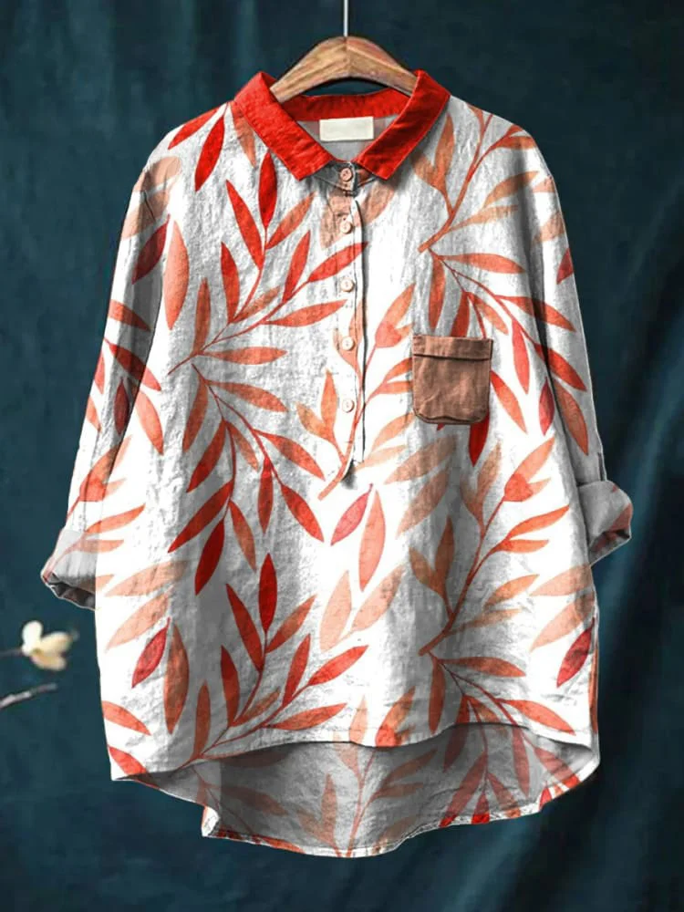 Decorative Pattern of Slender Leaves In Red Tones Casual Cotton And Linen Shirt
