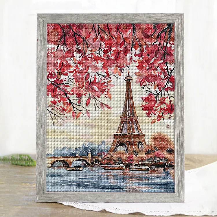 Spring-Maple Red Eiffel (33*41cm) 16CT Stamped Cross Stitch eiffel-tower-love-cross-stitch-pattern-daily-cross-stitch