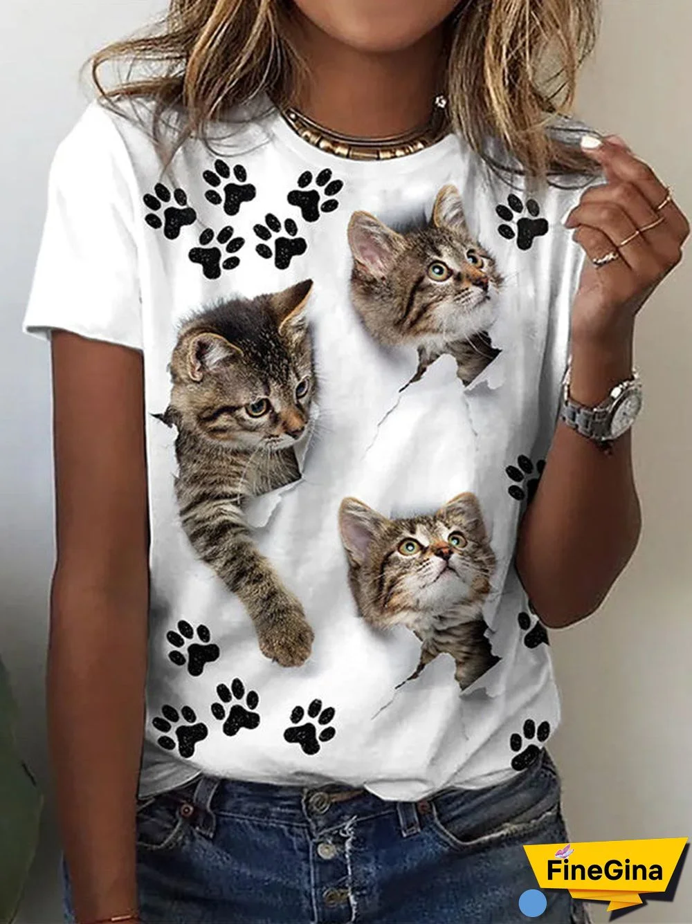 Women's Scoop Neck Short Sleeve Graphic Printed Cat Tops