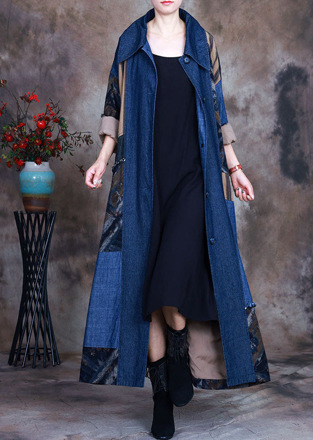 VCSHOES Blue tie waist Peter Pan Collar Patchwork Cotton denim Trench Spring