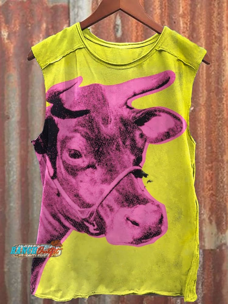 Vintage Western Ranch Cow Art Print 100% Cotton Casual Tank Top Multicolor / S