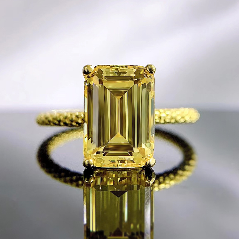 MIKAMU Jewelry Gold-Plated S925 Silver Ring with 7*10 Asscher Cut Yellow Diamond - Perfect Wedding Ring for Women