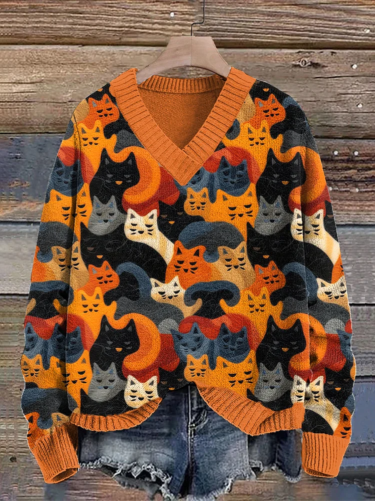 Wool Felted Cute Cat Pattern V-Neck Knit Sweater
