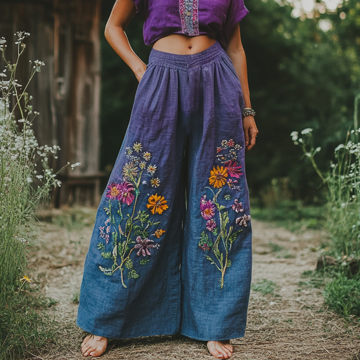 Bohemian Holiday Style Linen Bohemian Floral Gradient Print Linen Long Loose Wide-leg Pants