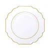 10 Pack | 11" White Hard Plastic Dinner Plates, Disposable Tableware, Baroque Heavy Duty Plates with Gold Rim