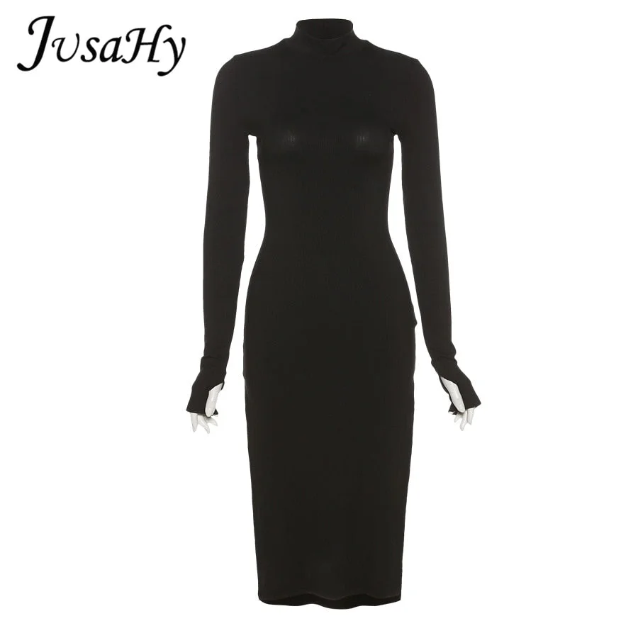 JuSaHy Elegant Knitted Solid Black Midi Dress for Women Fashion Turtleneck Long Sleeves Bodycon Side Slit Dress High Streetwear