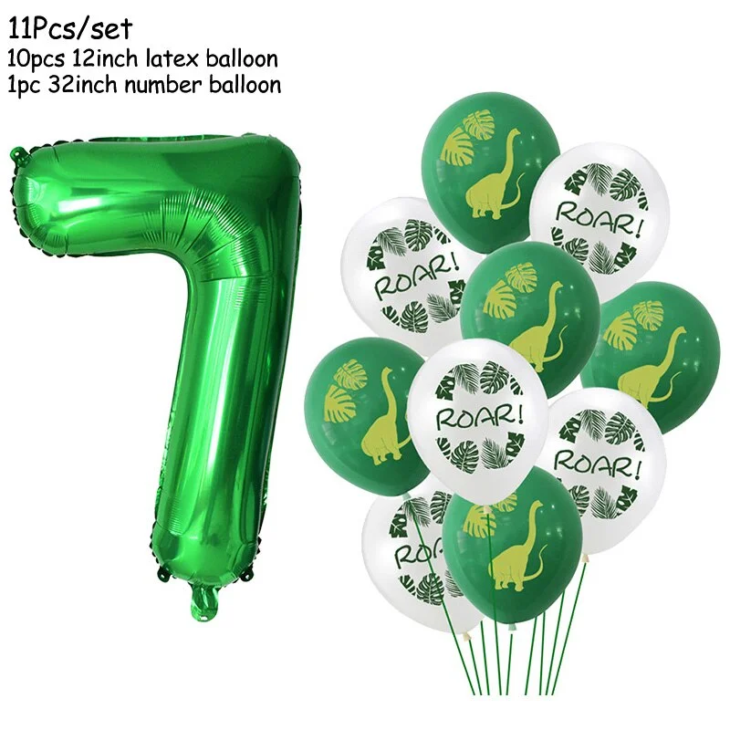 11Pcs Green Foil Number Balloons Dinosaur Latex Balloon Kids Jungle Theme Birthday Safari Forest Party Decorations Baby Shower