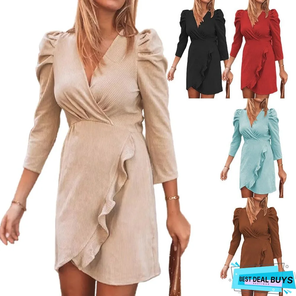 Popular Solid V-Neck Long Sleeve Ruffle Dress For Women