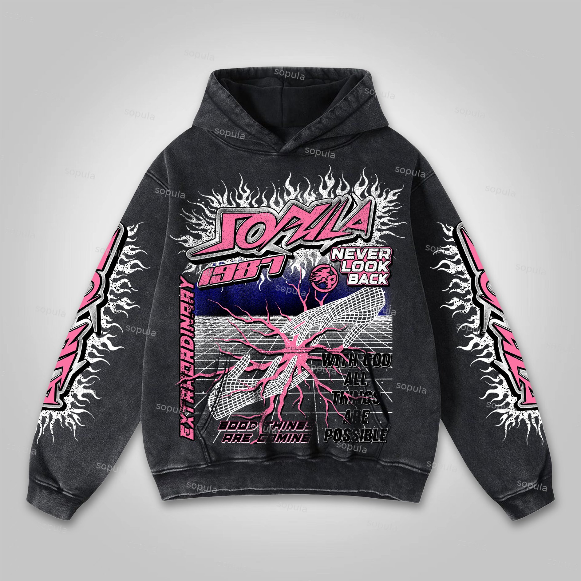 Sopula Flame Font Network Connection Graphic Washed Hoodie - SOPULA