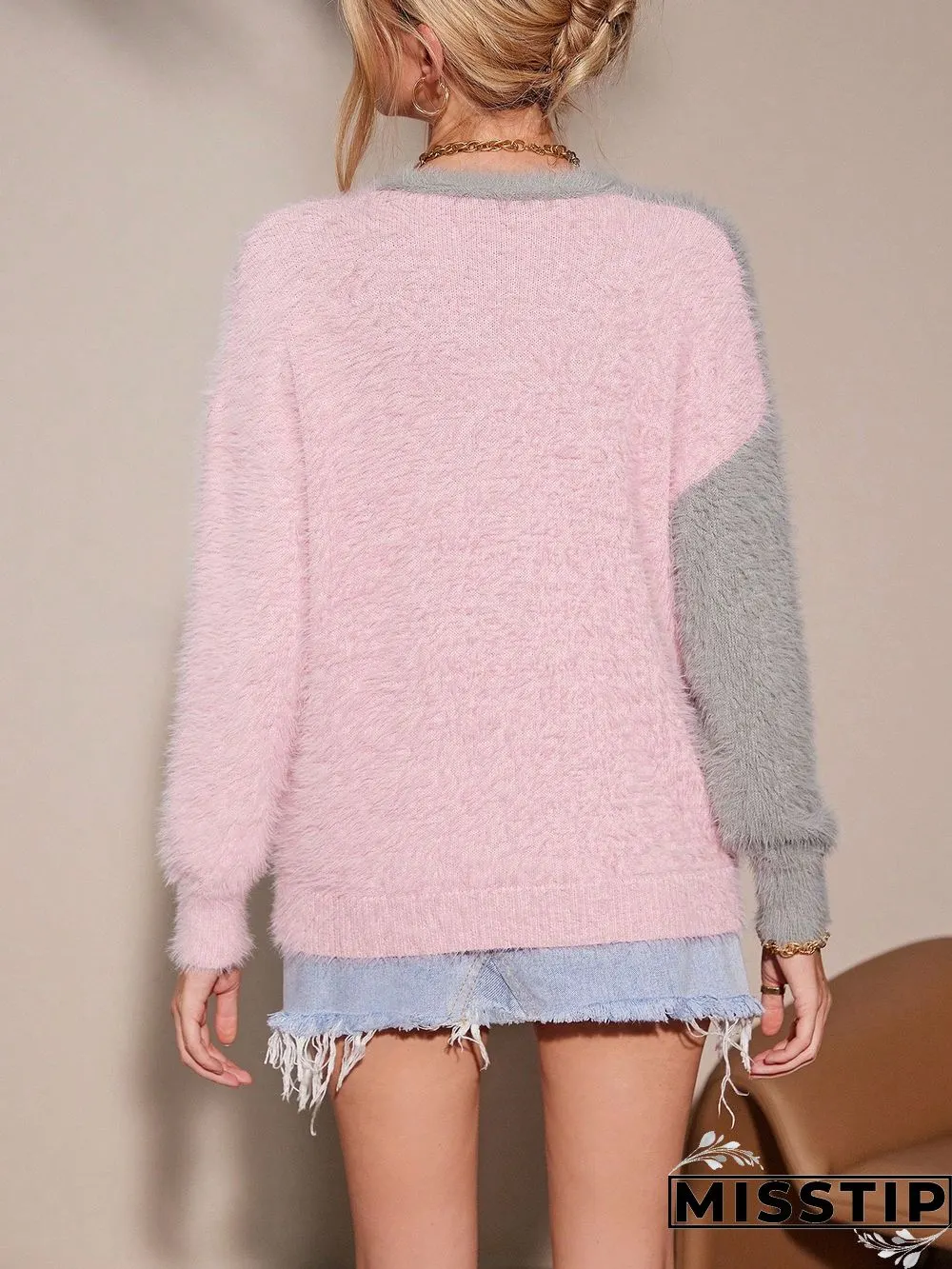 Two Tone Heart Button Front Drop Shoulder Fuzzy Cardigan