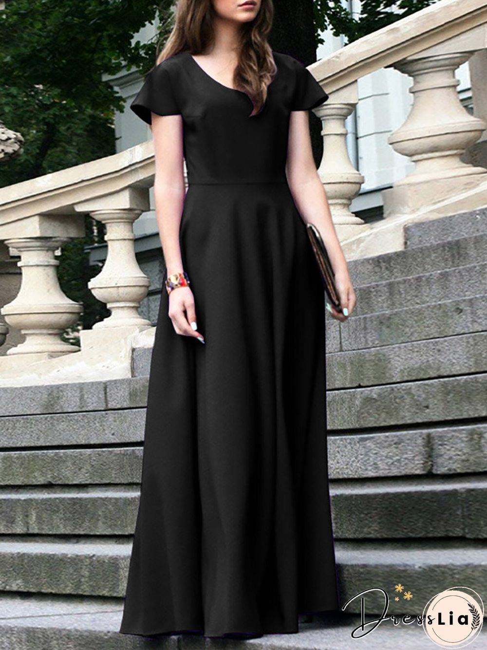 Women Solid Cap Sleeve V-neck Swing Maxi Dress