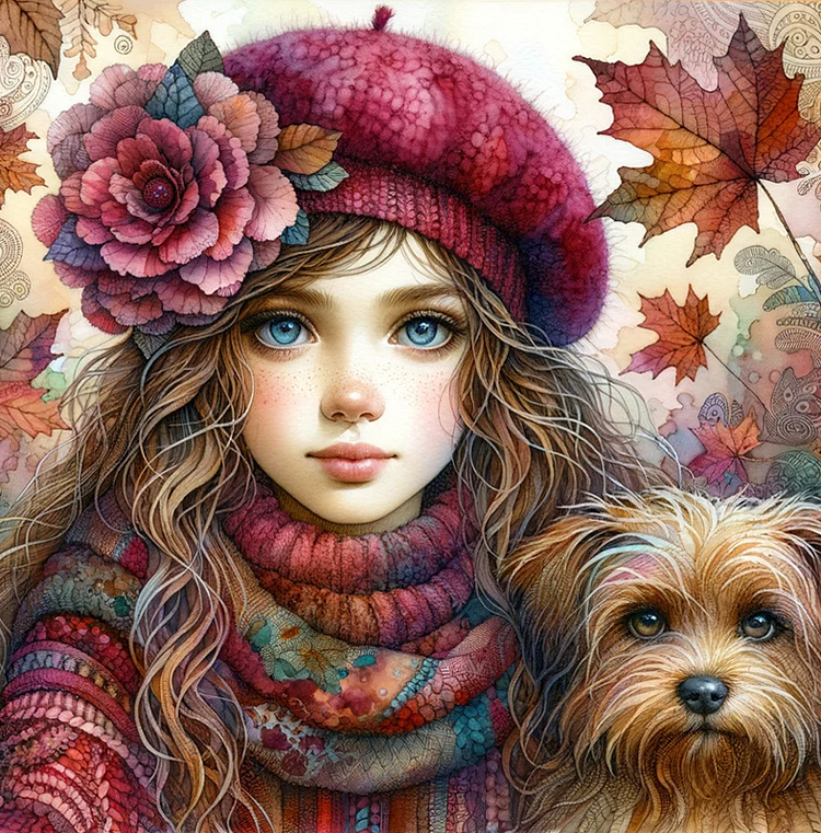 Maple Leaf Beret Girl and Dog-AB Round Drill Diamond Painting-40*40CM(Canvas)