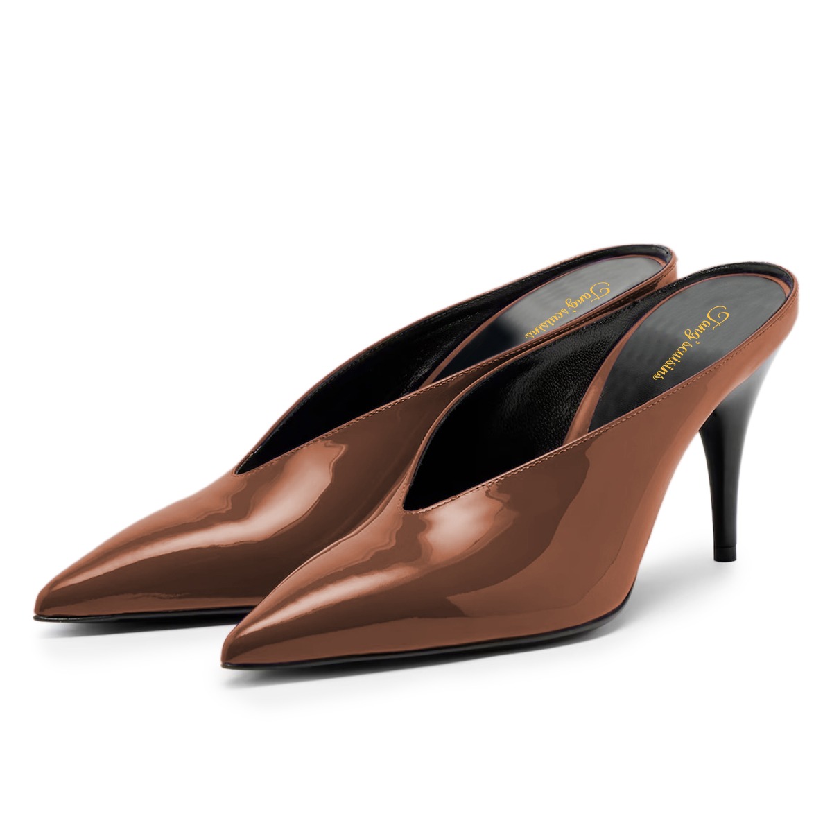 Patent Leather Pointed Toe Stiletto Heeled Mules in Brown Nicepairs