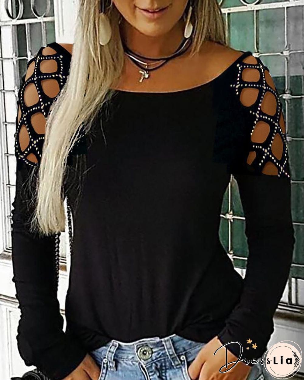 Studded Cutout Long Sleeve Casual Top P15627