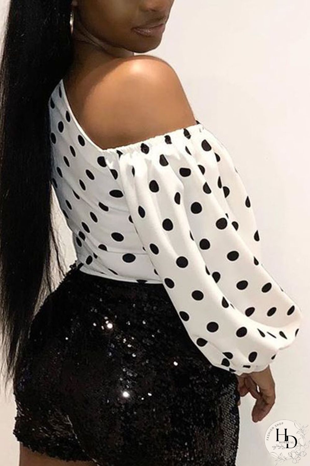 Black One Shoulder Collar Long Sleeve Print Tops